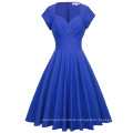 Belle Poque Retro Cap Ärmel V-Ausschnitt High Stretchy Blau Vintage Kleid BP000356-2